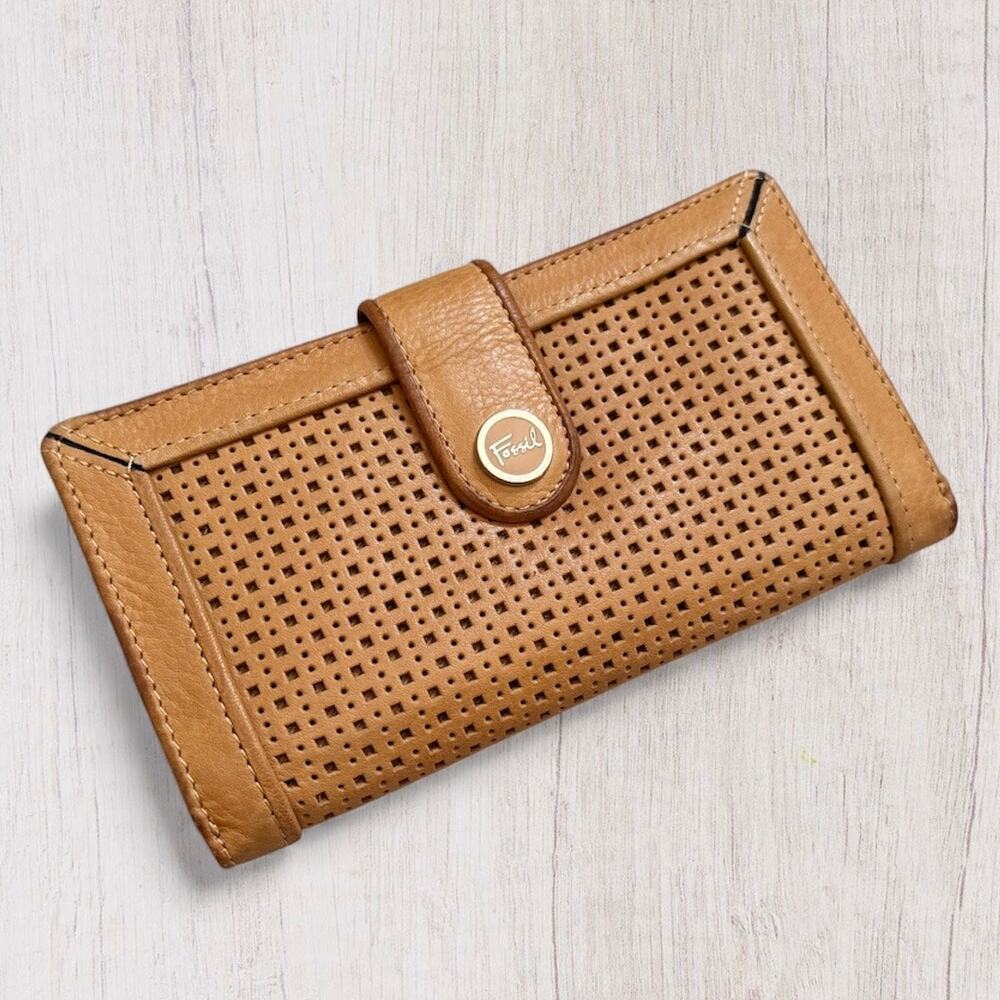 Fossil Tan Genuine Leather Perforated Clutch Wallet Snap-Tab